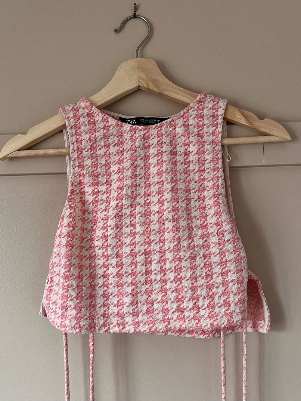 Zara Pink Houndstooth Crop Top | Built-In Bralette | Side Ties | Size Small - Picture 3 of 8